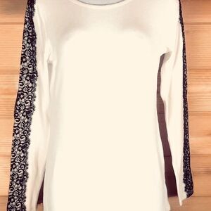 White House Black Market White Top with Black Lace Sleeves